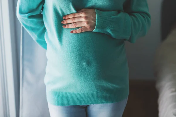 Mulher Grávida Tocando Barriga Suéter Estar Casa Desfrutando Gravidez Estilo — Fotografia de Stock