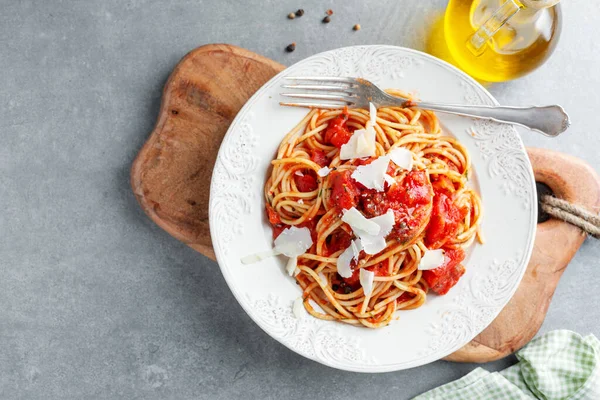 Sabrosa Pasta Italiana Clásica Con Salsa Tomate Queso Plato Primer — Foto de Stock
