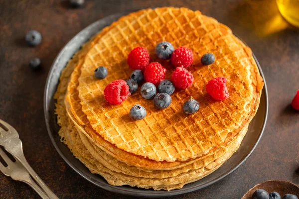 Golden Crispy Waffles Served Plate Berries Closeup — Stock Photo, Image