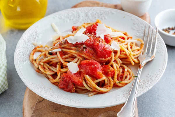 Sabrosa Pasta Italiana Clásica Con Salsa Tomate Queso Plato Primer — Foto de Stock