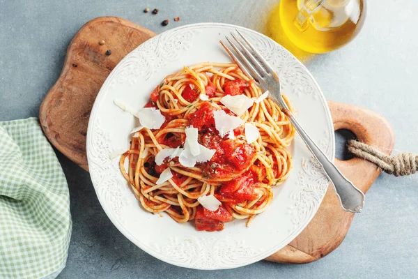 Sabrosa Pasta Italiana Clásica Con Salsa Tomate Queso Plato Primer — Foto de Stock