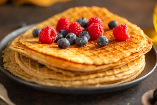 Golden Crispy Waffles Served Plate Berries Closeup — Stock Photo, Image