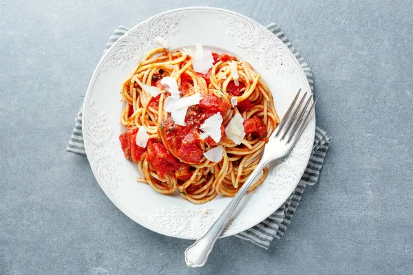 Sabrosa Pasta Italiana Clásica Con Salsa Tomate Queso Plato Vista — Foto de Stock