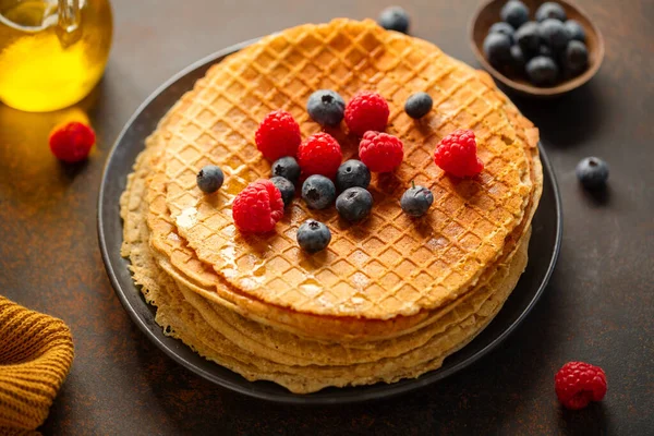 Golden Crispy Waffles Served Plate Berries Top View — Stock Photo, Image