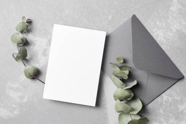 Selamlama veya düğün davetiyesi zarflı ve kuru okaliptüs dalı, üst görünüm, boşluk kopyala