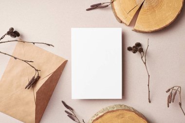 Davetiye ya da tebrik kartı el işi zarfı ve kuru ağaç dalları süslemeleri.