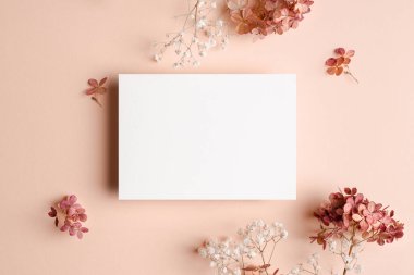 Ortanca ve çigila çiçekli davetiye maketi. Boş tebrik kartı maketi.