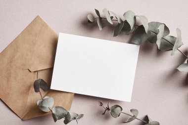 Davetiye ya da tebrik kartı maketi zarflı ve okaliptüs bitkisi dallı, üst görünüm