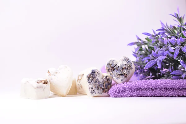 Spa soap hearts with a lavender flowers — Stock Photo, Image