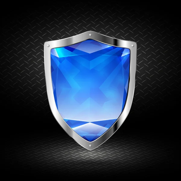 Blue crystal shield in chrome — ストックベクタ