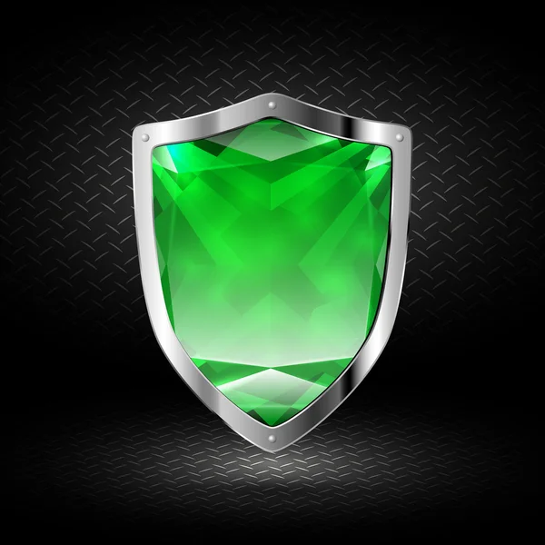 Green crystal shield in chrome — Stock Vector