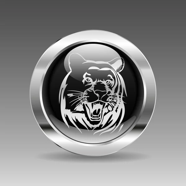 Bouton chromé brillant noir - tête de tigre — Image vectorielle