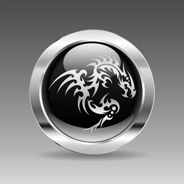 Black glossy chrome button - Dragon — Stock Vector