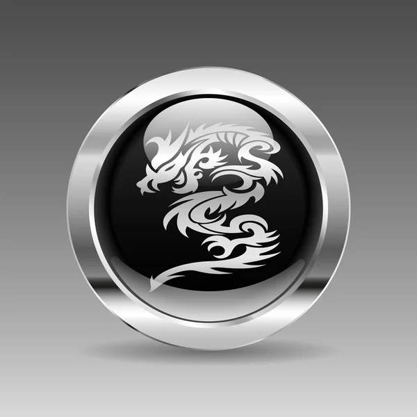 Siyah parlak krom düğmesi - Dragon — Stok Vektör