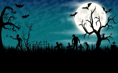 Halloween night wallpaper with zombies and full moon clipart