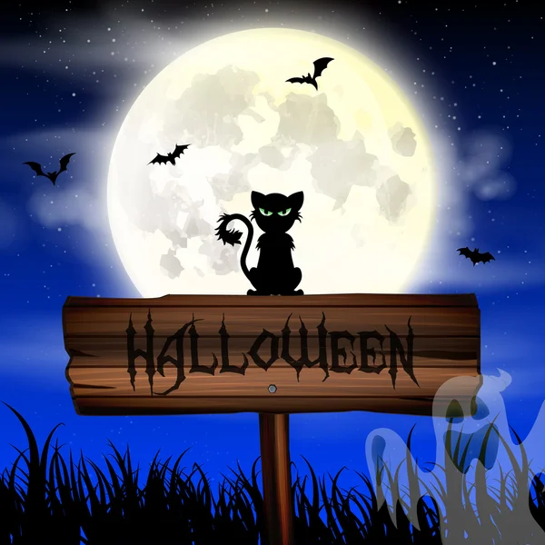 Fondo de pantalla de noche de Halloween con gato y luna llena — Vector de stock