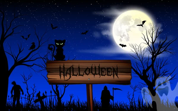 Carta da parati notte di Halloween con zombie, gatto e luna piena — Vettoriale Stock