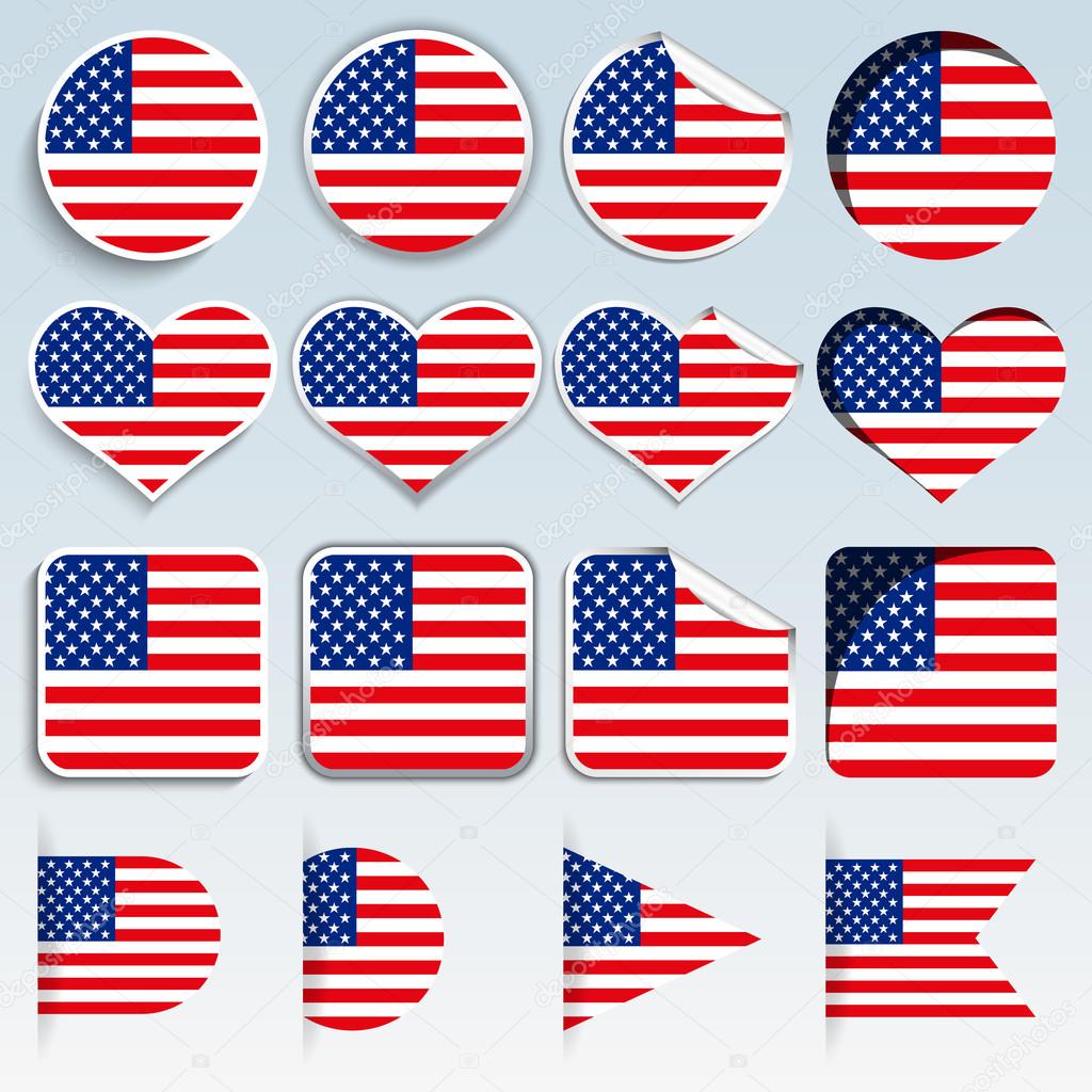 Set of USA flags in a flat design, vector illustration