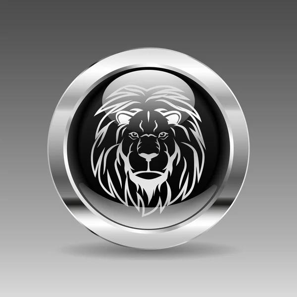 Black glossy chrome button - Lion head — Stock Vector