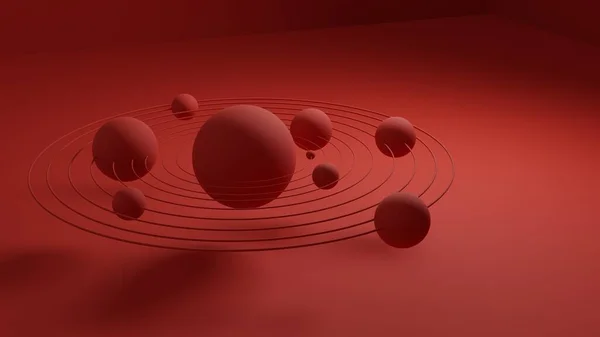 Kırmızı zemin üzerinde dönen 3D gezegenler