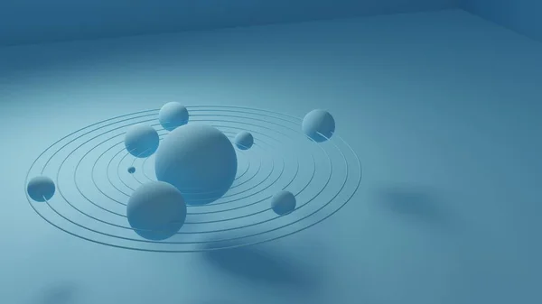 Planets with their orbits in the solar system. Abstraction on a blue background. 3d illustration render
