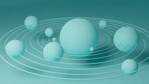 Planets with their orbits in the solar system. Abstraction on a blue background. 3d illustration render