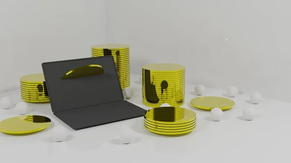 3D рендеринг ноутбука с золотыми монетами на светлом фоне. — стоковое фото