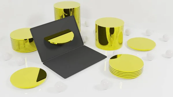 3D dizüstü bilgisayarda hafif arkaplan üzerinde altın sikkeler.