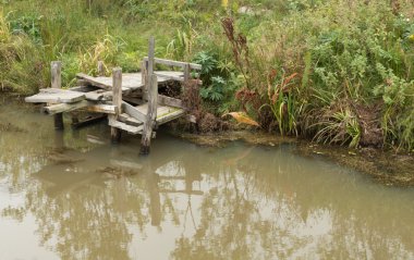 gölet çim ile yakın eski ahşap köprü