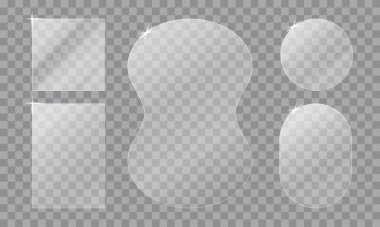 Cam tasarımı şeffaf arkaplanda ayarlandı. Birkaç çeşit cam şekilli akrilik doku, parlak parlak, vektör grafikleri