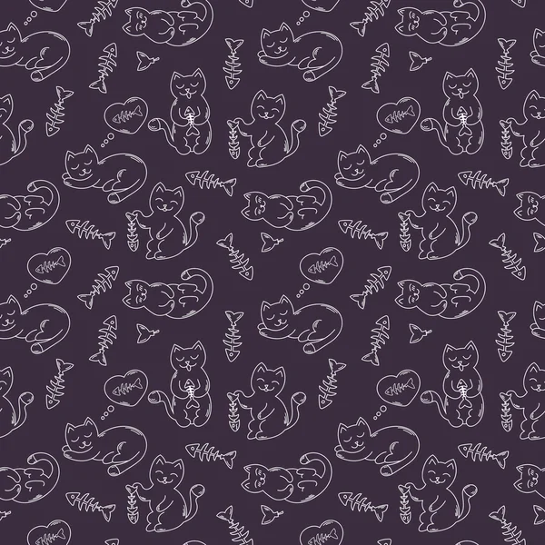Motif sans couture avec des chats doodle et des os de poisson — Image vectorielle