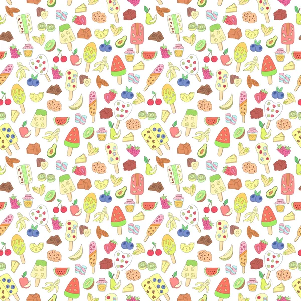 Каракули мороженое, фрукты, ягоды, кондитерский узор — стоковый вектор