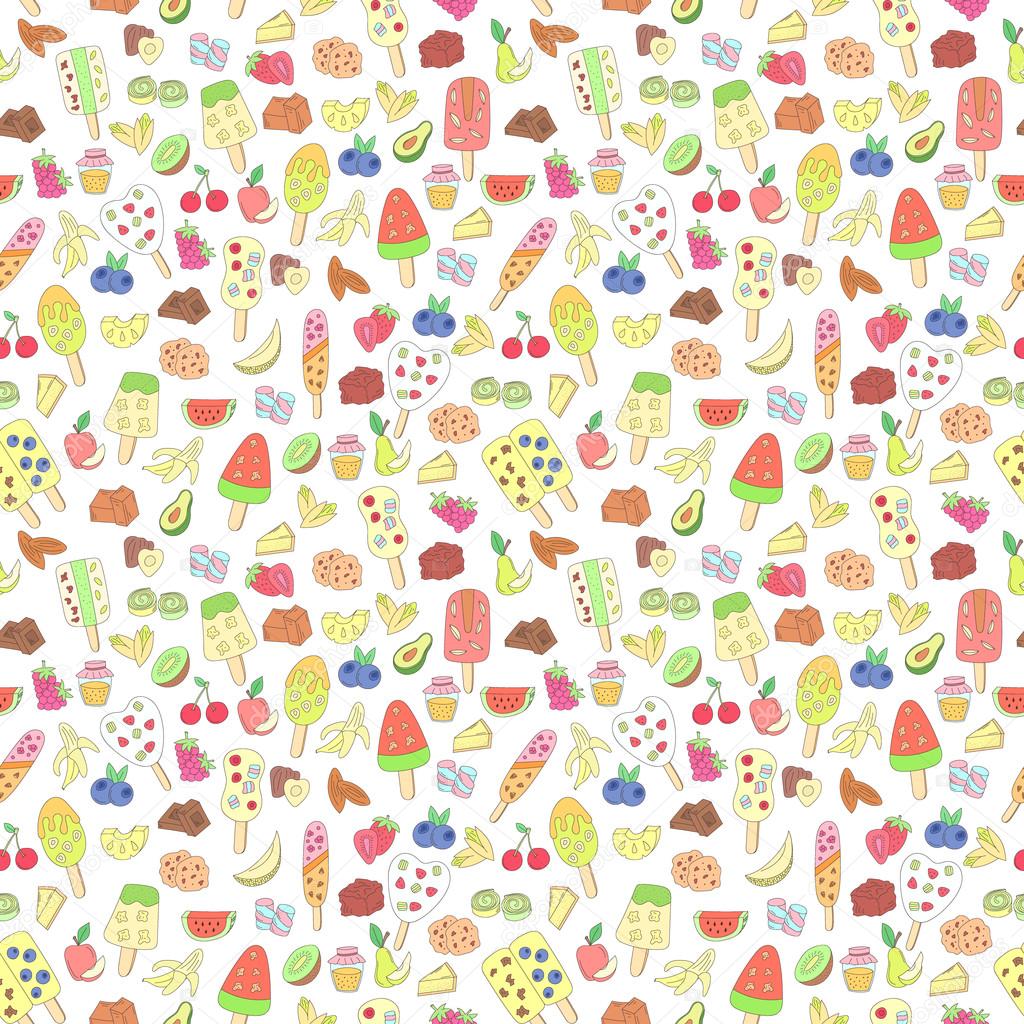 doodle ice cream, fruits, berry, sweets pattern