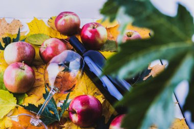 Akçaağaç yapraklarıyla dolu bir sepette kırmızı ve olgun elmalar. Bir şişe şarap ve ince saplı bir bardak..