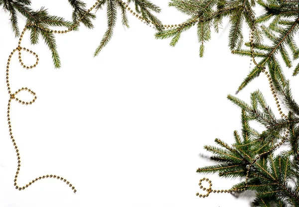 Fényes Karácsonyi Keret Lucfenyőből Arany Karácsonyi Dekoráció Fehér Alapon — Stock Fotó