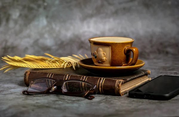 Glasses Old Book Table Cup Coffee — Stock Photo, Image