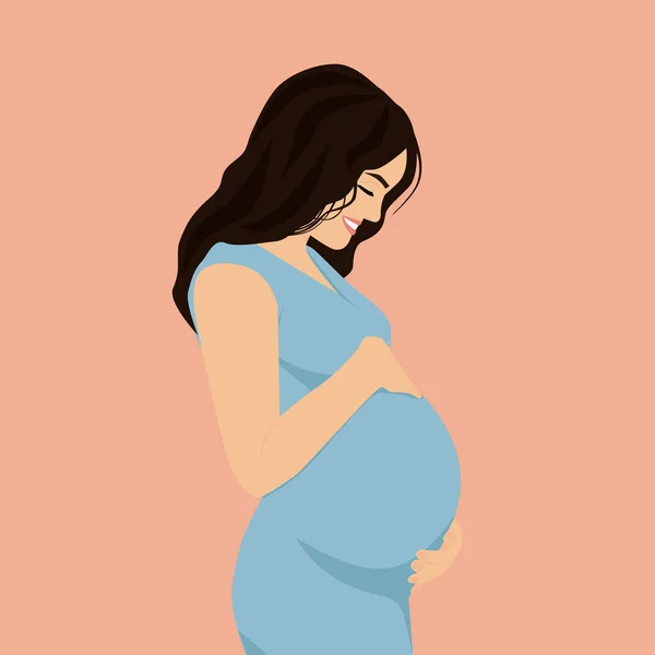Lächelnde Schwangere Einem Blauen Kleid Umarmt Ihren Bauch Isoliert Auf — Stockvektor