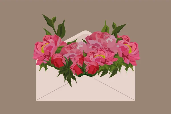 Illustration Vectorielle Une Pivoine Rose Dans Une Enveloppe Ouverte — Image vectorielle