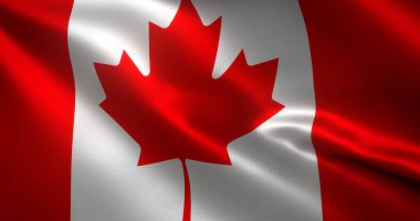 Kanada Bayrağı, dalgalı kıvrımlı Kanada bayrağı, yakın görüş, 3D görüntüleme