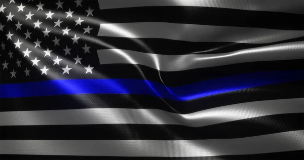 İnce Mavi Hat Bayrağı, Amerika Birleşik Devletleri bayrağı dalgalanan kıvrımlar, yakın görüş, 3D görüntüleme