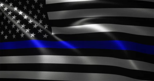 Thin Blue Line Flag, United States of America flag with waving folds, close up view, 3D rendering