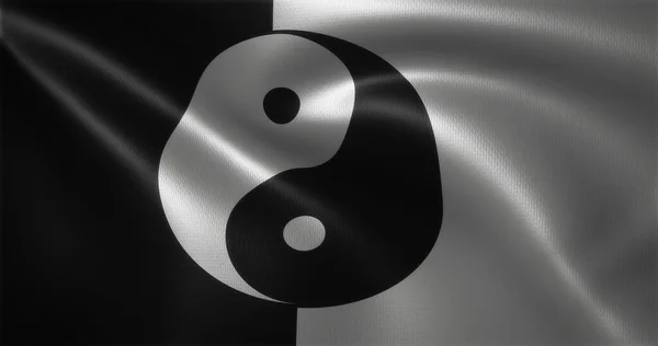 Yin Yang Flag Chinese Yinyang Flag Waving Folds Close View — Stock Photo, Image