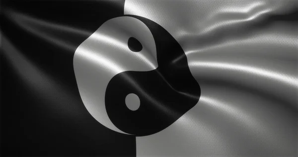 Yin Yang Flag Chinese Yinyang Flag Waving Folds Close View — Stock Photo, Image