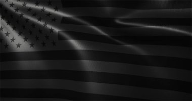 Tüm siyah Amerikan bayrağı, tüm siyah Amerikan bayrağı dalgalanan kıvrımlar, yakın görüş, 3D görüntüleme
