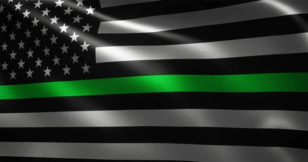 İnce Yeşil Hat Bayrağı, Amerika Birleşik Devletleri bayrağı dalgalanan kıvrımlar, yakın görüş, 3D görüntüleme
