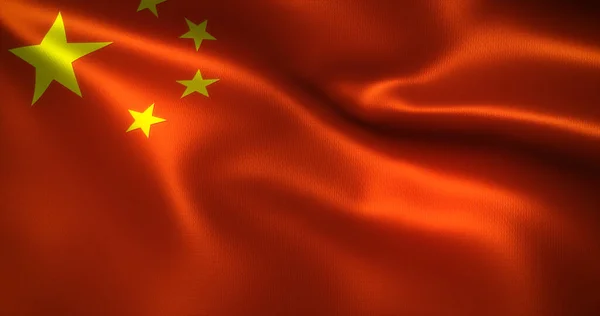 Çin Bayrağı, dalgalı kıvrımlı Çin bayrağı, yakın görüş, 3D görüntüleme
