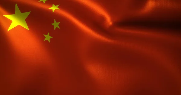 Çin Bayrağı, dalgalı kıvrımlı Çin bayrağı, yakın görüş, 3D görüntüleme