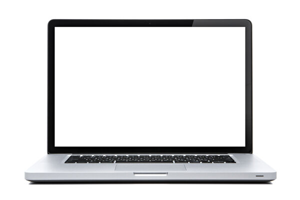 Laptop white screen on isolated white. reflex light on screen