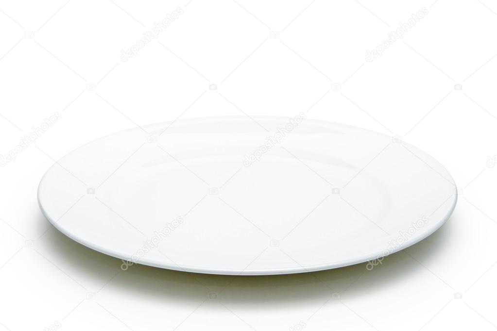 Empty white plate on sack background.