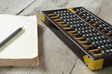 Ahşap arka plan üzerinde eski kitap ile Abacus.